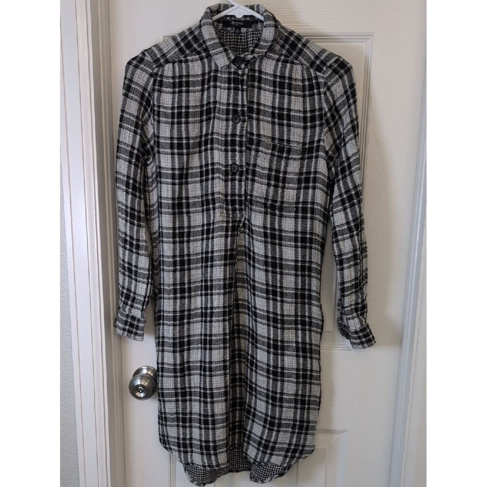 Madewell Cotton Black & White Plaid Long Sleeve Shirt Dress Pocket Midi Size XS
